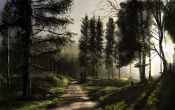 Картинка рисованное природа лес деревья тропинка солнце вечер