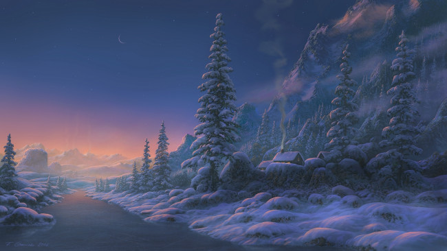 Обои картинки фото рисованное, природа, зима, вечер, закат, снег, дома, река, горы