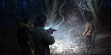 Картинка фэнтези существа люди охотники оружие лес монстр