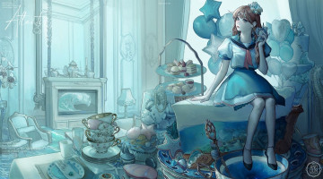 Картинка аниме город +улицы +интерьер +здания девочка стол посуда сладости