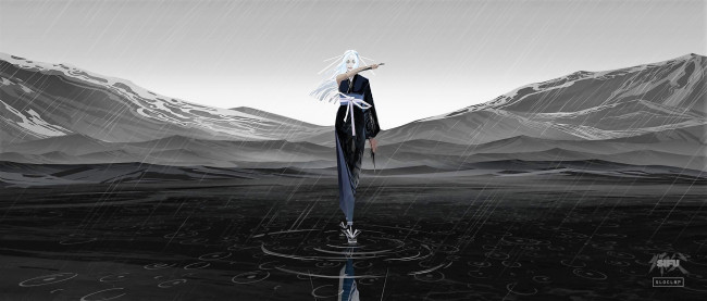 Обои картинки фото аниме, оружие,  техника,  технологии, девушка, кимоно, дождь, горы, озеро