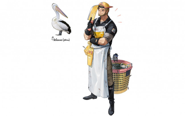 Обои картинки фото аниме, unknown,  другое , мужчина, нож, фартук, корзина, рыба, пеликан