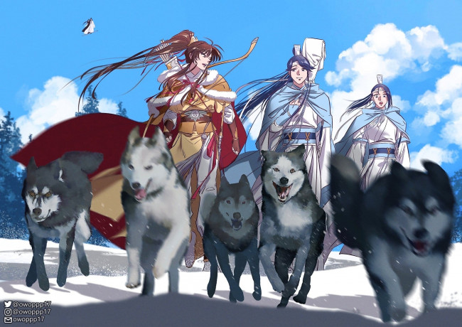 Обои картинки фото аниме, mo dao zu shi, цзинь, лин, собаки, лань, циньи, сычжуй, ванцзы, вэй, усянь, меч, снег