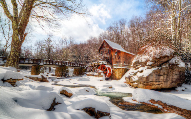 Обои картинки фото разное, мельницы, зима, мост, мельница, замерзшая, река, снег