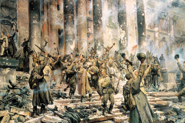 Обои картинки фото рисованное, армия, солдаты, рейхстаг, радость, победа