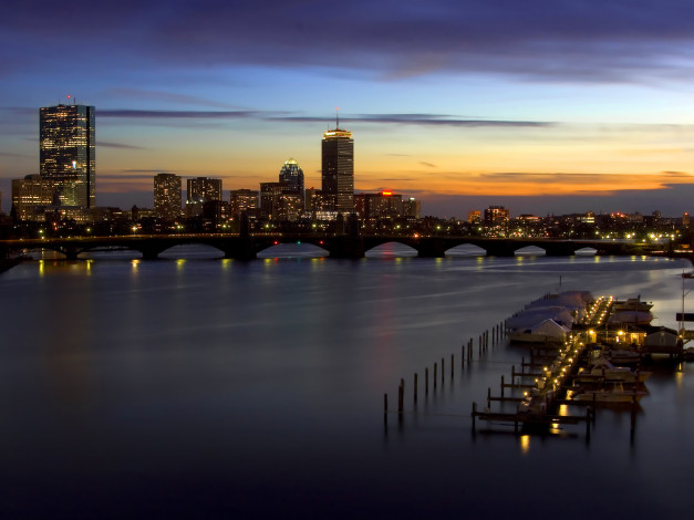 Обои картинки фото города, огни, ночного, boston, massachusetts