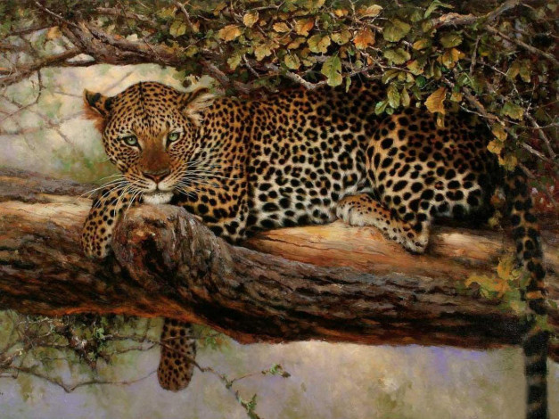 Обои картинки фото рисованные, животные, леопард, дерево