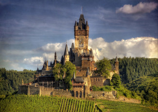 обоя замок, кохем, германия, города, фреска, шпиль, виноградник, каменный