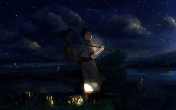 Картинка аниме *unknown другое облака звезды котомка путешествие огни озеро ворон девушка ночь