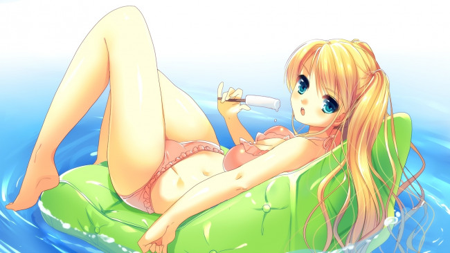 Обои картинки фото аниме, *unknown, другое, купальник, надувной, матрац, девочка, вода, мороженое