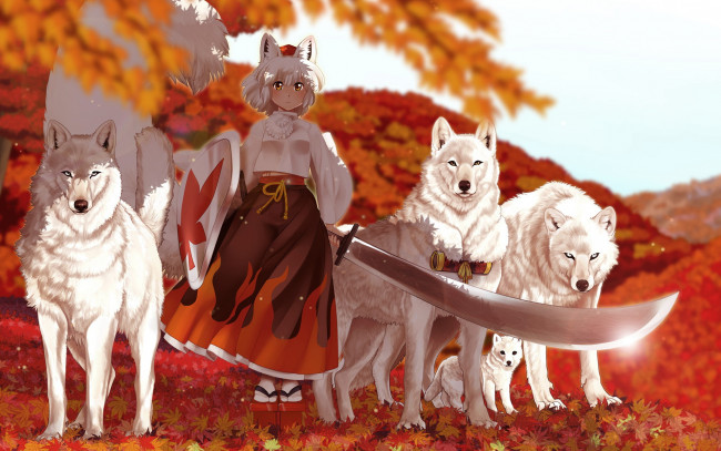 Обои картинки фото аниме, touhou, волки, девушка, меч