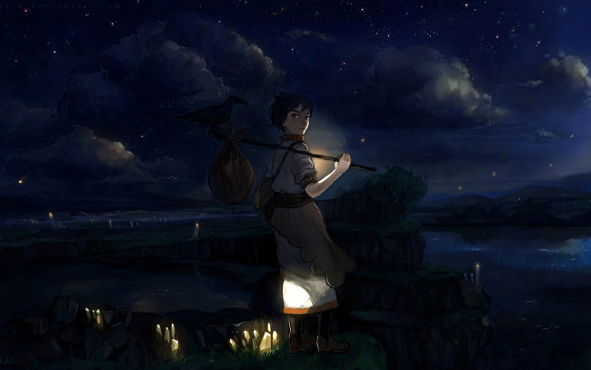 Обои картинки фото аниме, *unknown, другое, облака, звезды, котомка, путешествие, огни, озеро, ворон, девушка, ночь