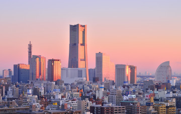 обоя города, йокогама, Япония, небоскреб, рассвет, панорама