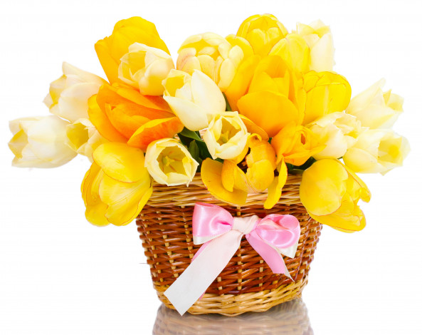 Обои картинки фото цветы, тюльпаны, розовый, корзинка, лента, желтый, бант