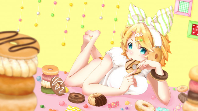 Обои картинки фото vocaloid, аниме, пончики, печенье, бант, конфеты