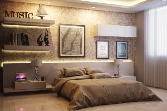 Картинка 3д+графика realism+ реализм комната мебель спальня кровать
