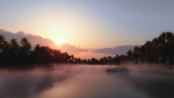 Картинка 3д+графика nature landscape+ природа пальмы озеро закат горы