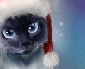 Картинка рисованное животные +коты новый год арт кот мордочка шапка