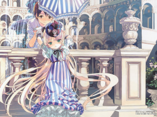 Картинка аниме gosick строения клумба фонтан рубашка takeda hinata kujou kazuya victorica de blois крыжево бант зонт шляпа платье девушка мужчина
