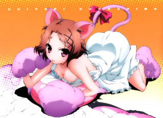 Картинка аниме accel+world ушки девушка kurashima chiyuri когти бант лапы хвост мех кровать пижама