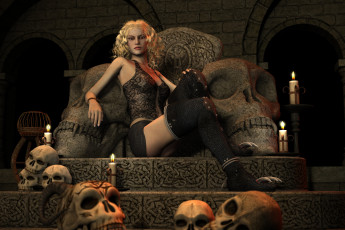 Картинка 3д+графика фантазия+ fantasy блондинка фон взгляд когти свечи черепа чулки трон девушка
