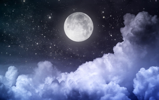 Обои картинки фото космос, луна, облака, полночь, moonlight, night, sky, moon, небо, clouds, stars, full, ночь, landscape, звезды, полная