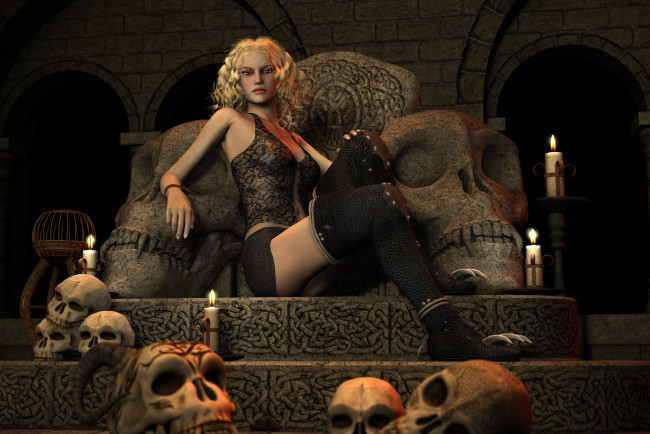 Обои картинки фото 3д графика, фантазия , fantasy, блондинка, фон, взгляд, когти, свечи, черепа, чулки, трон, девушка