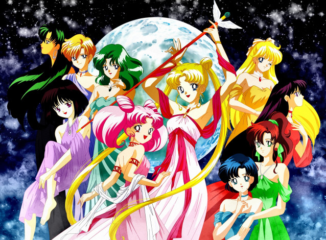 Обои картинки фото аниме, sailor moon, девушки, girls, neptune, jupiter, pluto, saturn, uranus, луна, moon, mercury, venus, mars, войны, sailor
