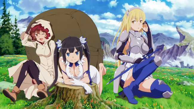 Обои картинки фото аниме, danmachi, девушки, взгляд, фон