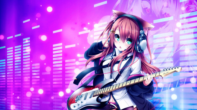 Обои картинки фото аниме, музыка, девушка, гитара, фон, взгляд