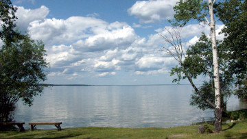 Картинка природа реки озера скамейки деревья озеро облака