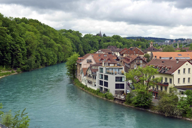 Обои картинки фото города, берн , швейцария, дома, деревья, мост, река