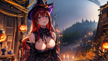 Картинка аниме магия +колдовство +halloween девушка шляпа декольте тыквы город