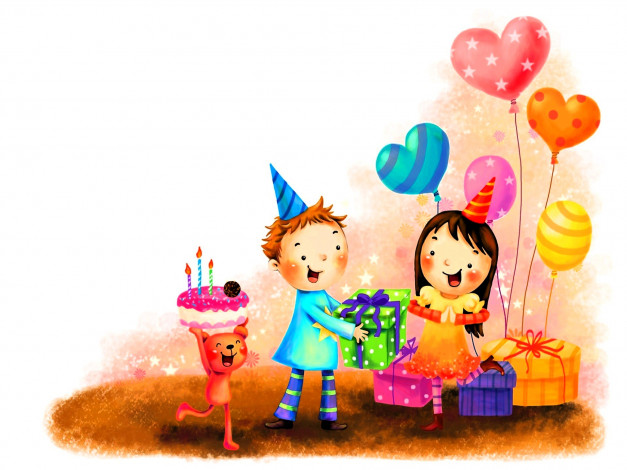 Обои картинки фото рисованное, праздники, мальчик, девочка, подарки, шарики, мишка