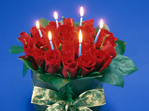 Обои картинки фото цветы, розы, лента, свечи, бант