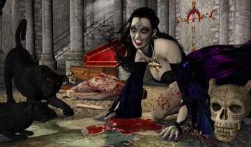 Картинка 3д графика fantasy фантазия кровь череп животные девушка
