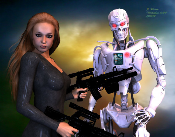 Обои картинки фото 3д, графика, people, люди, оружие, робот, девушка