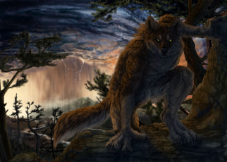 Картинка фэнтези оборотни волк оборотень скалы гора молния