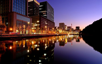 обоя города, токио , Япония, вечер, огни, река