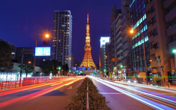 обоя города, токио , Япония, вечер, улица, башня, фонари