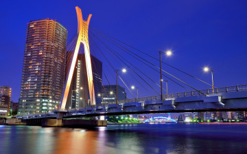 обоя города, токио , Япония, здания, огни, мост, река