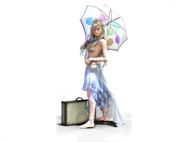 Обои картинки фото рисованное, люди, взгляд, фон, девушка, зонт, чемодан