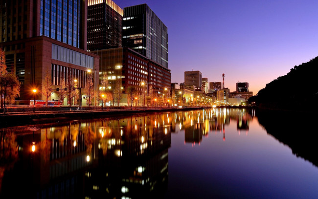Обои картинки фото города, токио , Япония, вечер, огни, река