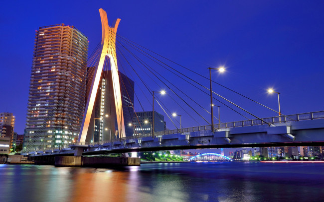 Обои картинки фото города, токио , Япония, здания, огни, мост, река