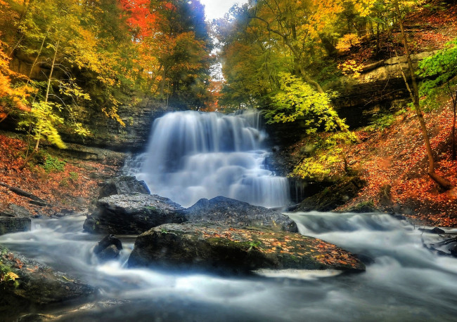 Обои картинки фото природа, водопады, осень, поток, лес, камни