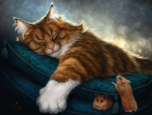 обоя рисованное, животные,  коты, хомяки, подушка, рыжий, сон, кот