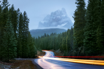 Картинка природа дороги огни горы выдержка туман свет лес дорога