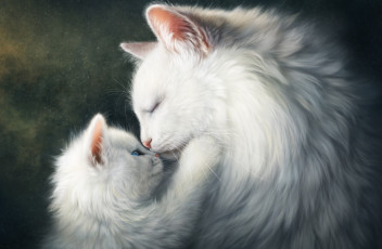 обоя рисованное, животные,  коты, котенок, белый, кошка, малыш, мама, чувства, коты