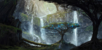 Картинка фэнтези пейзажи деревья огни скалы арт водопады