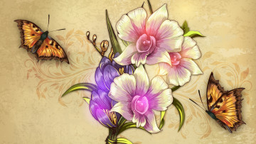 Картинка рисованное цветы бабочки
